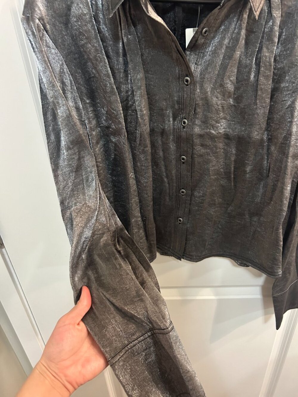 Pilcro Metallic Charcoal Satin Button-Down Shirt - Women Tops - Picture 4 of 11